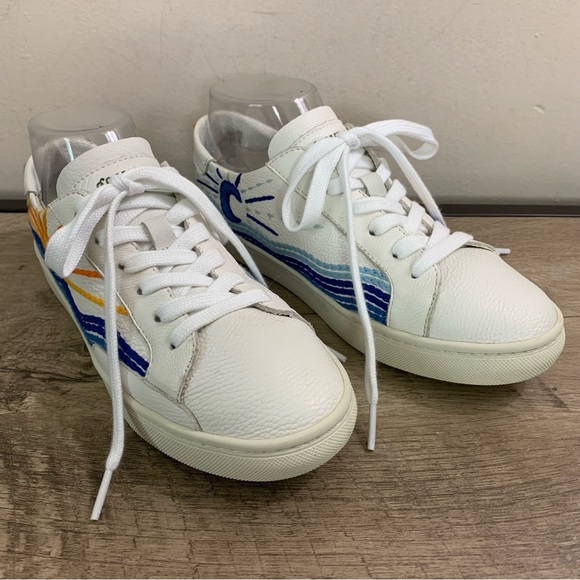 Women's SOLUDOS White Leather SUNRISE SUNSET Embroidered SNEAKERS Athletic SHOES - Picture 2 of 6